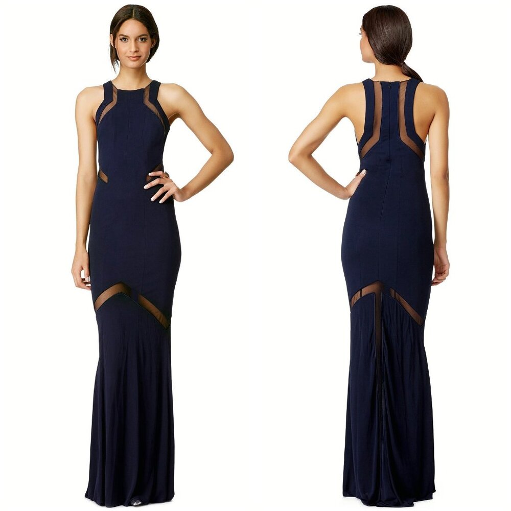 Galvan Navy Blue Sheer Chevron Formal Gown $1635